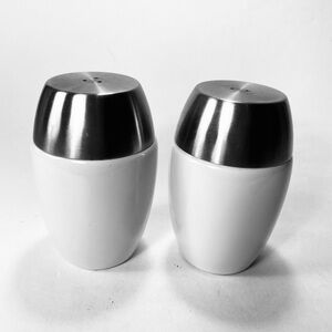 Be Here Now MCM Vintage Pair of Salt Pepper Spice Shakers Brushed Nickel White
